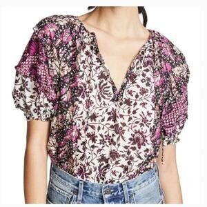 Ulla Johnson Silk Blend Ruffle Sleeve Arusi Floral Top